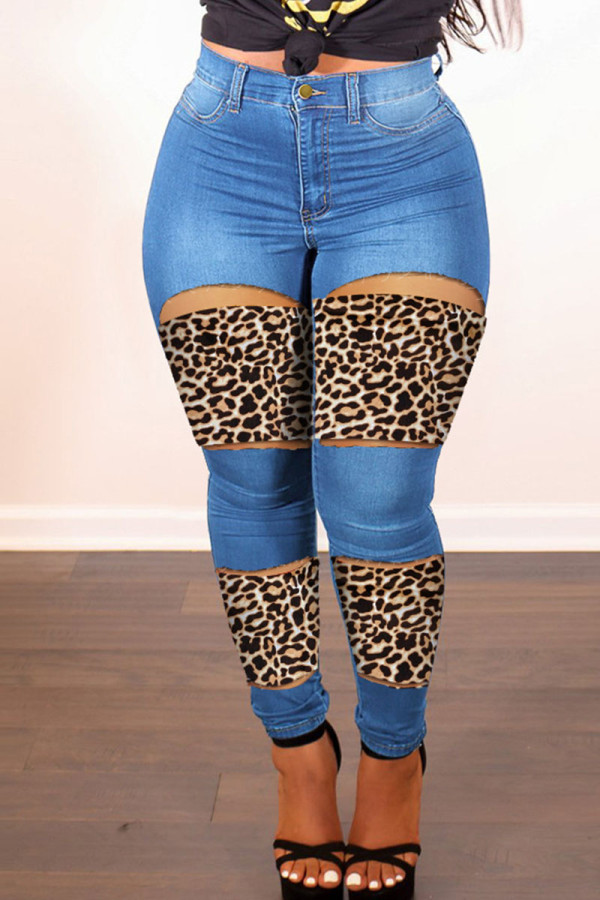 Medium Blue Street Print Leopard urhålade Patchwork Vanliga jeans med hög midja