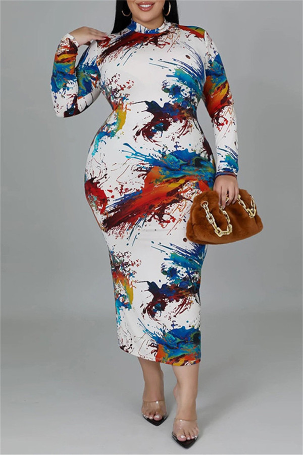 Цветные модные повседневные платья с принтом и круглым вырезом и длинными рукавами больших размеров (без пояса)