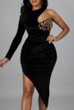 Black Fashion Sexy Patchwork Hollowed Out Sequins O Neck Irregular Dress