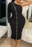 Black Fashion Sexy Solid Patchwork Zipper Oblique Collar Long Sleeve Dresses
