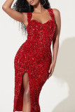 Vestido de noche de tirantes finos con abertura de lentejuelas de retazos sexy de moda rojo Vestidos