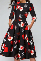 ブラックレッドファッションカジュアルプリントベーシックOネックAラインドレス