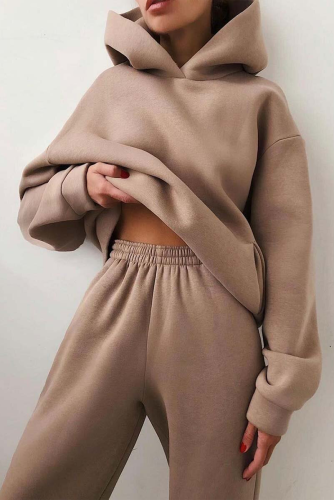 Coffee Casual Print Patchwork Hooded Collar Long Sleeve Two Pieces