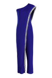 Macacão skinny azul sexy com lantejoulas sólidas de um ombro