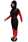 Black Red Fashion Casual Patchwork Hollowed Out Zipper Hooded Collar Long Sleeve Two Pieces