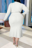 White Fashion Casual Solid With Belt V Neck Long Sleeve Plus Size Dresses