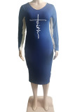 Синяя повседневная юбка в стиле пэчворк с принтом и круглым вырезом Платья больших размеров