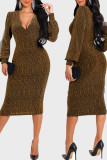 Gold Sexy Solid Patchwork V Neck One Step Skirt Dresses