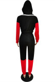 Zwart Rood Mode Casual Patchwork Uitgeholde Rits Hooded Kraag Lange Mouw Twee Stukken