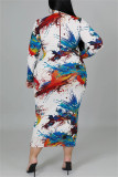 Vestidos coloridos moda casual com estampa básica decote oco manga longa plus size (sem cinto)