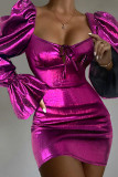 パープル セクシー ソリッド パッチワーク スクエア カラー ワンステップ スカート ドレス