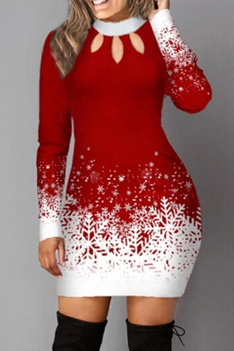 

Red Fashion Casual Print Hollowed Out O Neck Long Sleeve Dresses