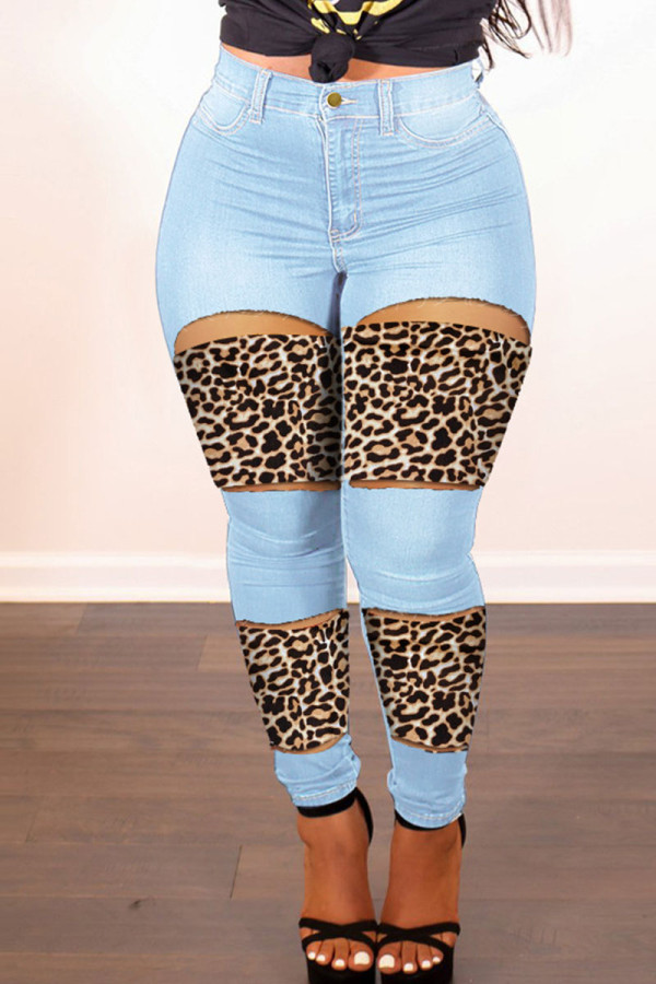 Lichtblauwe Street Print Leopard Uitgeholde Patchwork Regular Denim Jeans met hoge taille