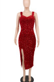Red Fashion Sexy Patchwork Sequins Slit Spaghetti Strap Evening Dress Dresses