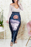 Blauwe Mode Casual Print Kwastje Patchwork Normale hoge taille Conventionele Full Print Bottoms
