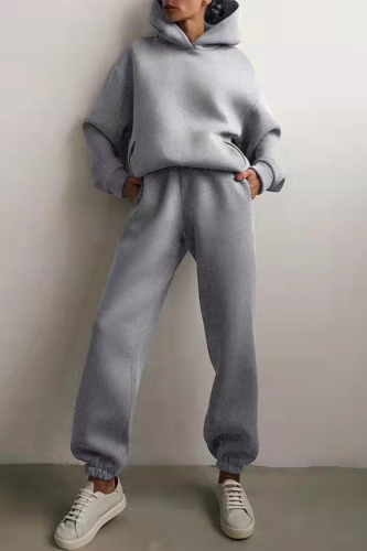 Grey Casual Print Patchwork Hooded Collar Long Sleeve Two Pieces