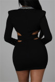 Mode noire patchwork sexy forage chaud évidé robes à manches longues col en V