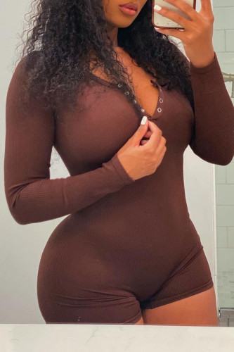 Brown Fashion Casual Solid Basic V Neck Long Sleeve Skinny Romper