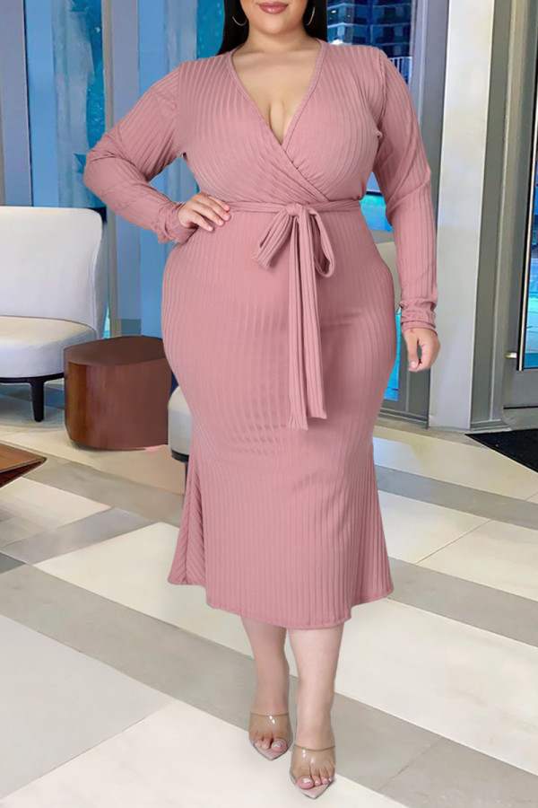 ピンク ファッション カジュアル ソリッド ベルト付き Vネック 長袖 プラスサイズ ドレス