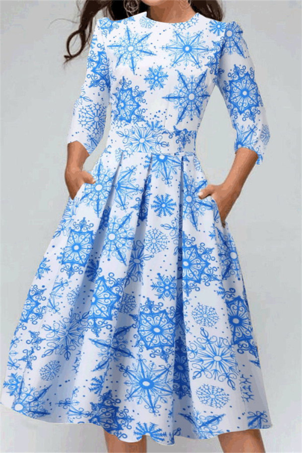 Blau Mode Casual Print Basic O-Ausschnitt A-Linie Kleider
