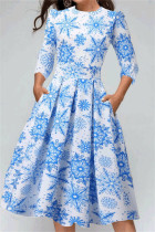 Blue Fashion Casual Print Basic O Neck A Line Dresses