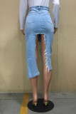 Light Blue Fashion Casual Solid Asymmetrical High Waist Regular Split Thigh Ripped Denim Midi Skirts