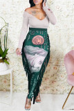 Ink Green Fashion Casual Print Tassel Patchwork Regular High Waist Conventional Full Print Bottoms