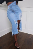 Saia jeans casual moda casual rasgada assimétrica cintura alta azul claro regular