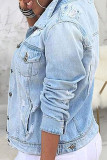 Giacca di jeans a maniche lunghe con risvolto a maniche lunghe con risvolto in tinta unita da strada azzurra