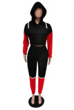 Zwart Rood Mode Casual Patchwork Uitgeholde Rits Hooded Kraag Lange Mouw Twee Stukken