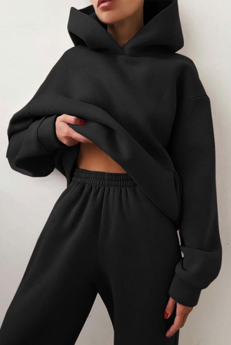 Black Casual Print Patchwork Hooded Collar Long Sleeve Two Pieces