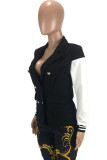 Black Casual Solid Patchwork Buckle Turn-back Collar Outerwear
