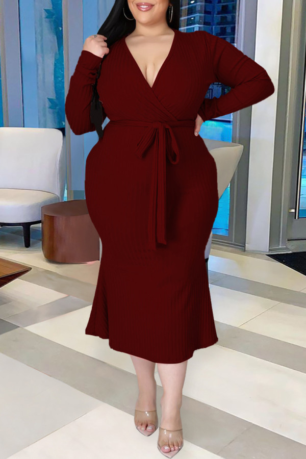 Бордовый модный повседневный однотонный с поясом V-образным вырезом с длинным рукавом Платья больших размеров