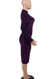 Фиолетовые модные повседневные платья с принтом и длинными рукавами