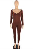 Brown Fashion Casual Solid Basic V Neck Skinny Jumpsuits