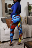 Blue Sexy Print Patchwork Frenulum V Neck Long Sleeve Two Pieces