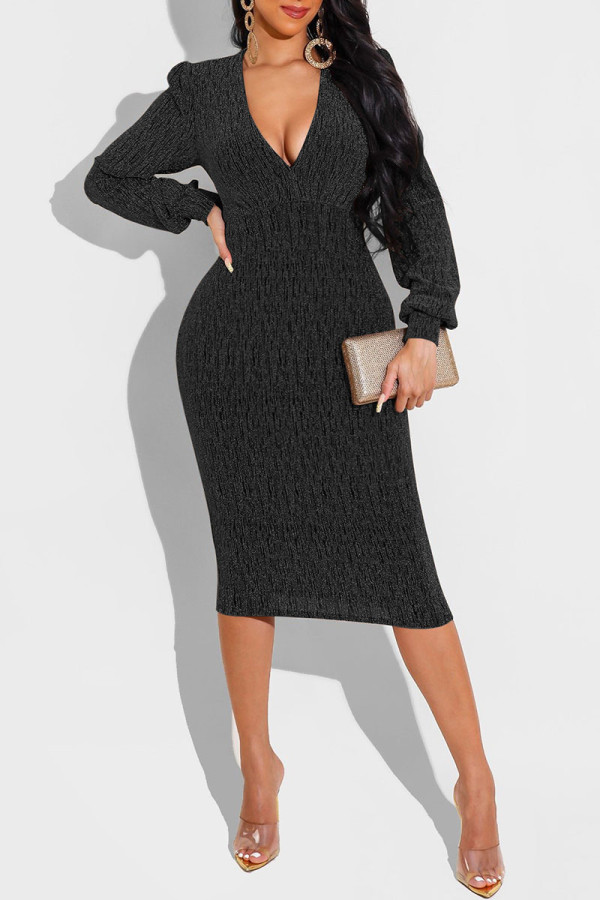 Vestidos de saia de um passo preto sexy de patchwork sólido com decote em V