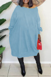 Vestidos de manga comprida casuais casuais simples com decote em O azul