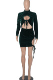 Black Sexy Solid Hollowed Out Patchwork Frenulum Half A Turtleneck One Step Skirt Dresses