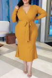 Yellow Fashion Casual Solid With Belt V Neck Long Sleeve Plus Size Dresses