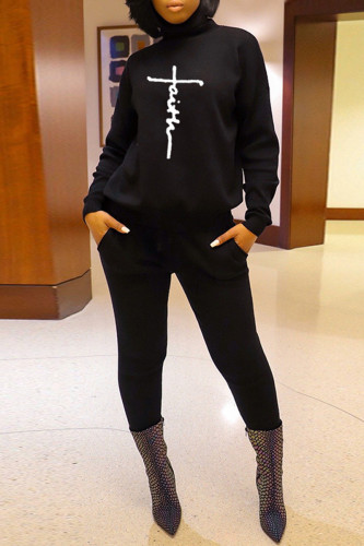 Black Fashion Casual Print Basic Turtleneck Long Sleeve Two Pieces