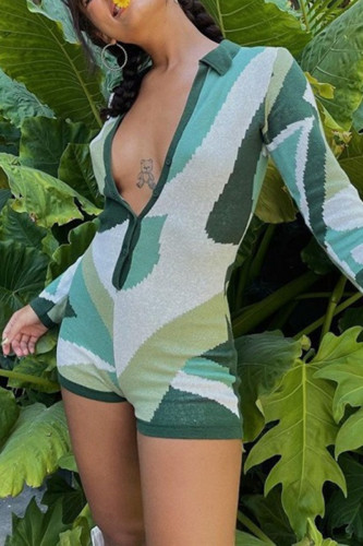 Green Fashion Casual Print Basic V Neck Long Sleeve Skinny Romper