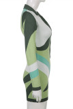 Grün Mode Casual Print Basic V-Ausschnitt Langarm Skinny Strampler