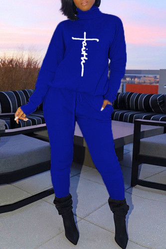 Blue Fashion Casual Print Basic Turtleneck Long Sleeve Two Pieces