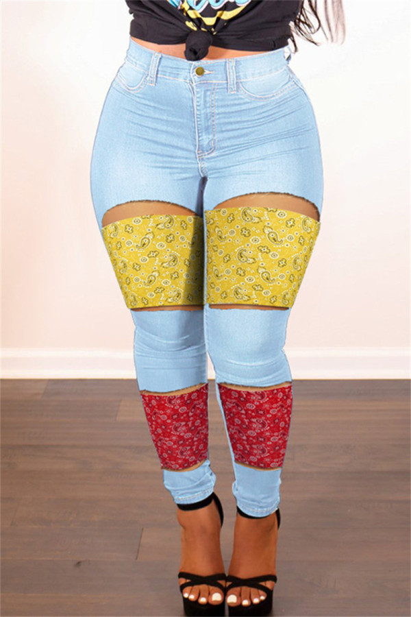 Lichtblauwe mode casual patchwork uitgeholde mid waist regular denim jeans