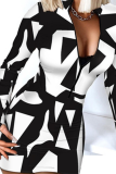 黒と白のセクシーなプリント パッチワーク ジッパー カラー ペンシル スカート ドレス