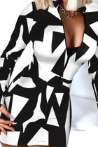 White Black Sexy Print Split Joint Zipper Collar Pencil Skirt Dresses