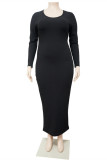 ブラックファッションカジュアルソリッド包帯くり抜かれたOネック長袖プラスサイズのドレス