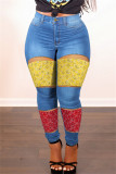 Diepblauwe mode casual patchwork uitgeholde mid taille regular denim jeans