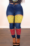 Lichtblauwe mode casual patchwork uitgeholde mid waist regular denim jeans